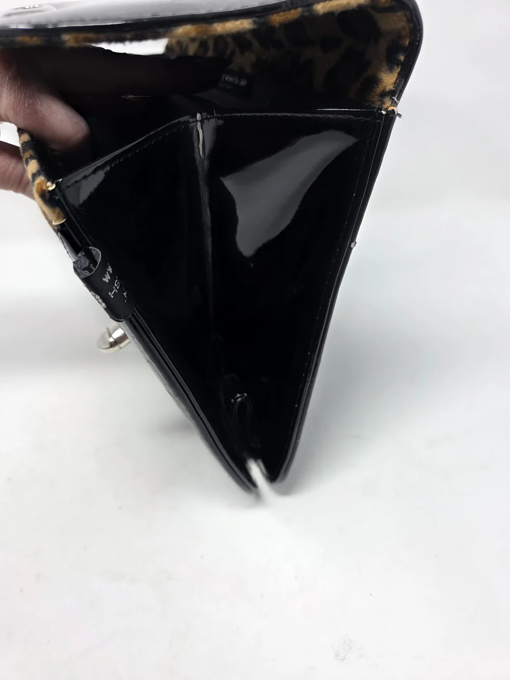 Hell’s Belles Black Patent Leather Look Handbag Leopard Lined Structured Satchel